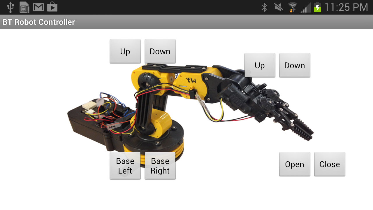 android screenshot of robotic arm with buttons to control motions via bluetooth