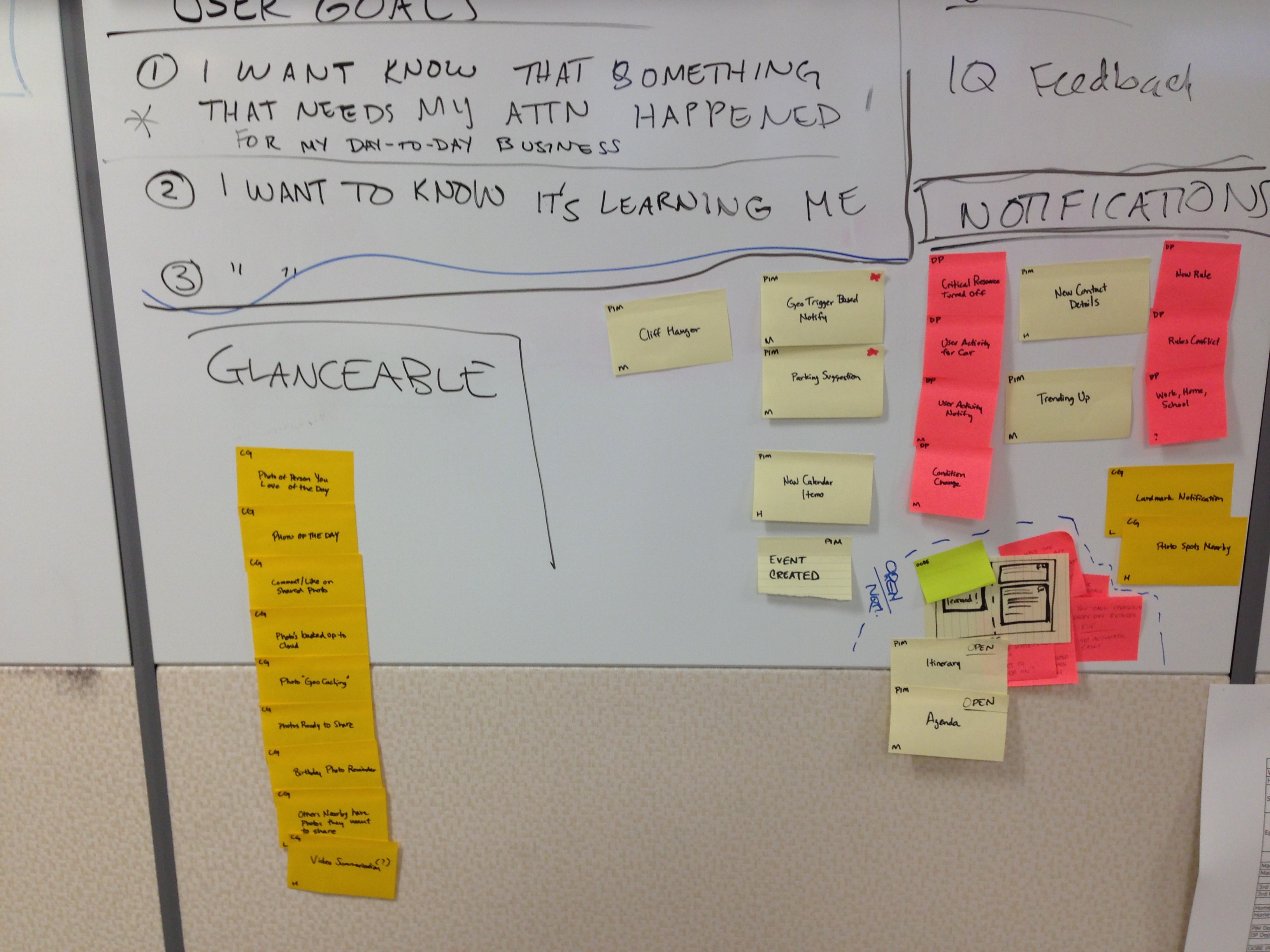 whiteboard image of sketches and stickie notes for user interface brainstorming